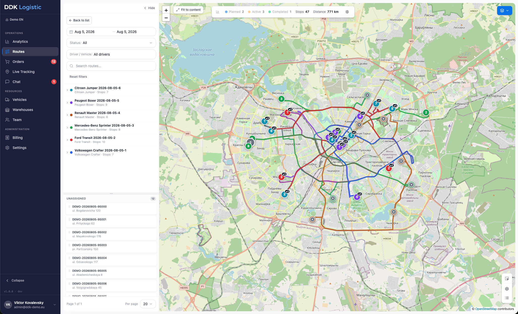 Dispatcher workspace: a map of planned routes beside the order list